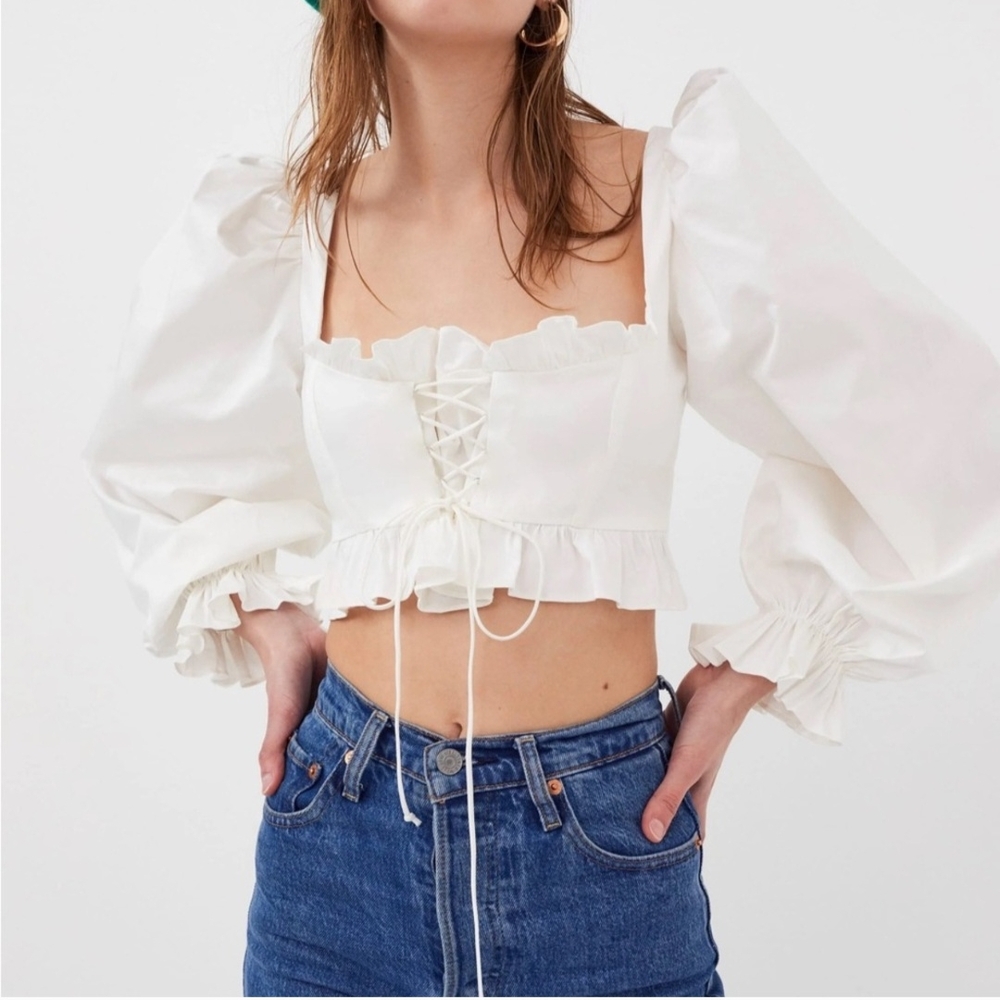 For Love And Lemons White Puff Sleeve Crop Blouse